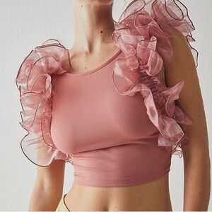 Free People House Party Crop Top w Ruffle Sleeve in Dusty Rose XS